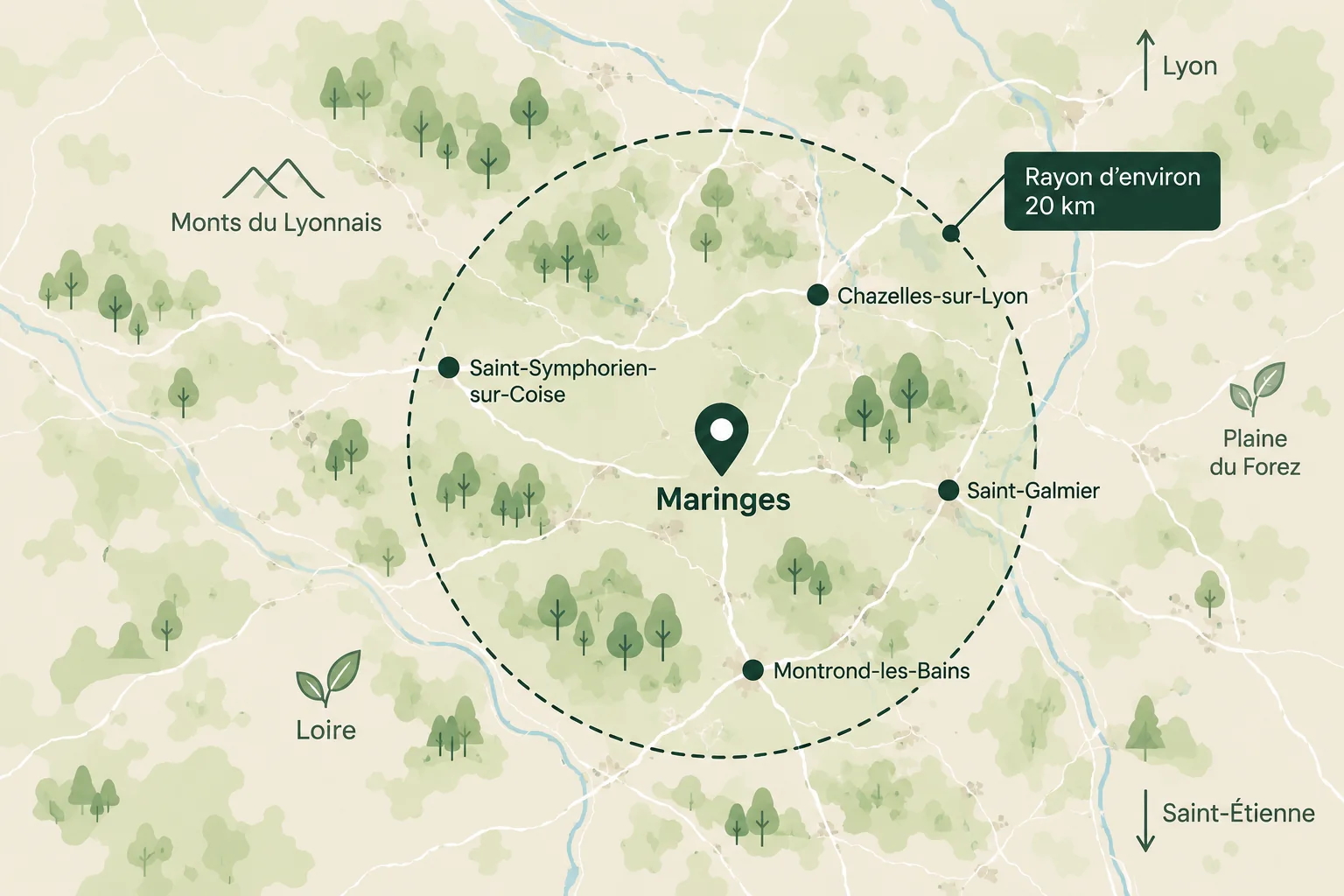 Zone d’intervention d’ALOE LA autour de Maringes dans la Loire et les Monts du Lyonnais