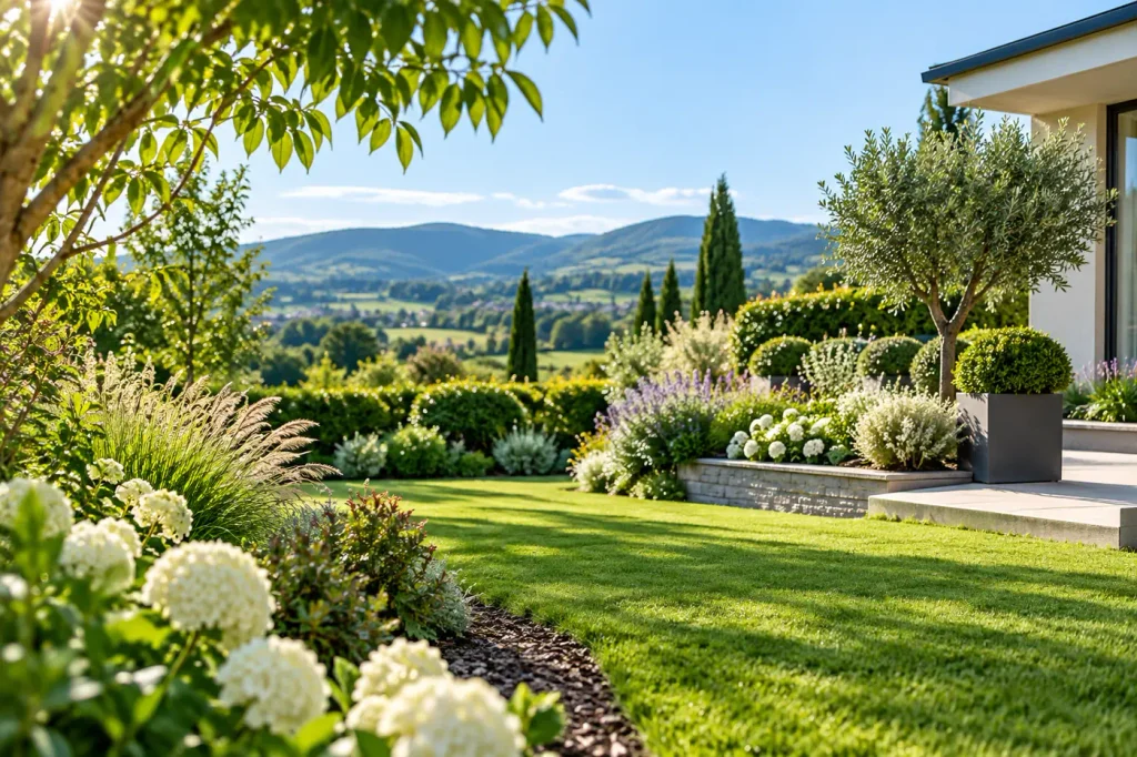 Jardin paysager entretenu avec pelouse et massifs dans la Loire