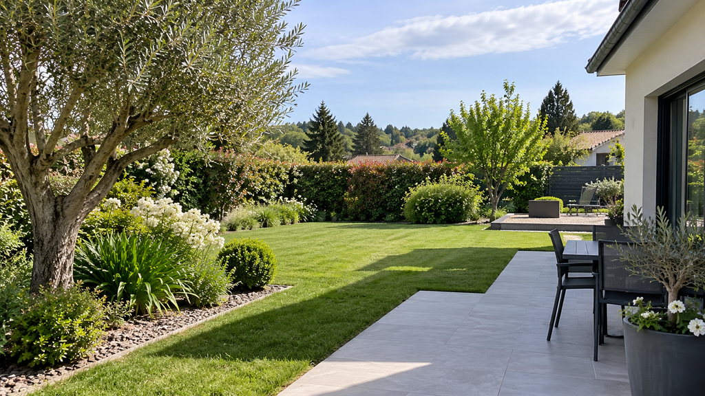 Jardin entretenu avec pelouse, massifs et arbustes